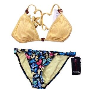No Boundaries NOBO Yellow Bikini Top and Black Butterfly Bottoms Junior Size M